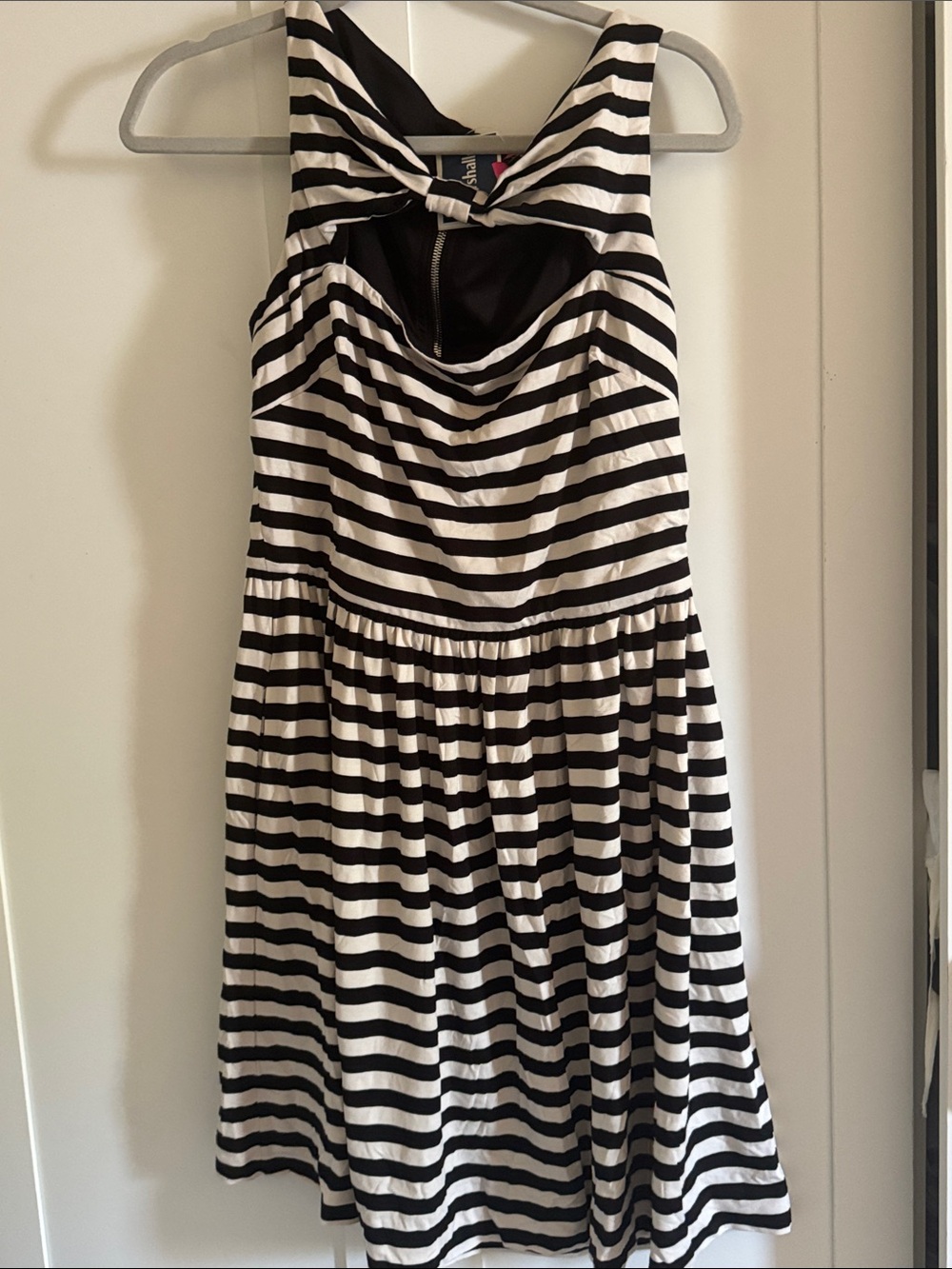 Betsey Johnson Black & White Striped Midi Dress with Twist Neck